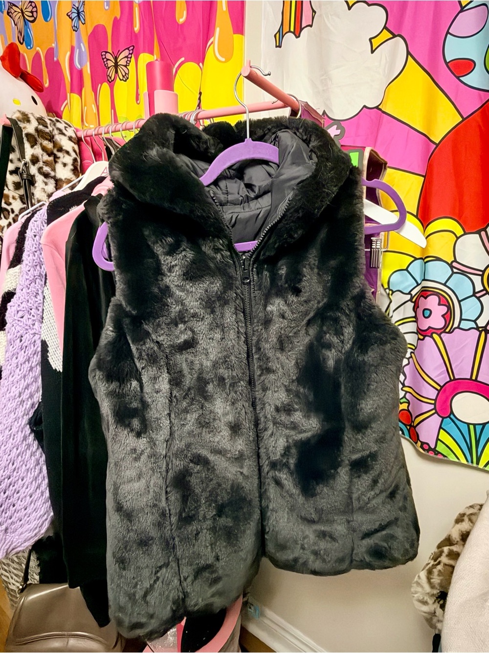 Suzy Shier Black Super Soft Faux-Fur Hooded Vest - Reversible